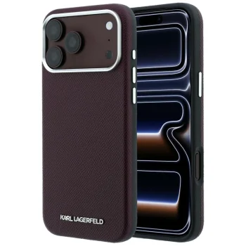 Karl Lagerfeld Grained Elongated Logo MagSafe dėklas iPhone 17/18 Pro Max, bordo