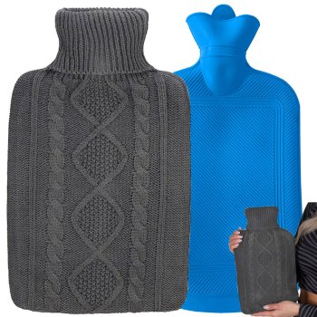 Large rubber hot water bottle with sweater cover, 2L, dark grey