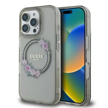 Guess dėklas iPhone 16 Pro telefonui IML Flowers Wreath MagSafe, juodas