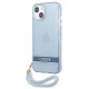 Guess Translucent Strap dėklas iPhone 13 telefonui su riešo dirželiu, mėlynas