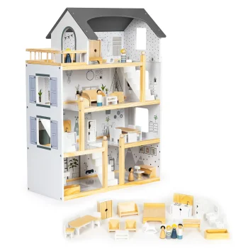 ECOTOYS medinis lėlių namelis su 18 baldų rinkiniu ir 4 lėlėmis