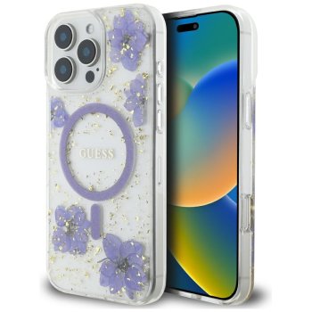 Guess Resin Flowers MagSafe dėklas iPhone 16 Pro Max telefonui, violetinis
