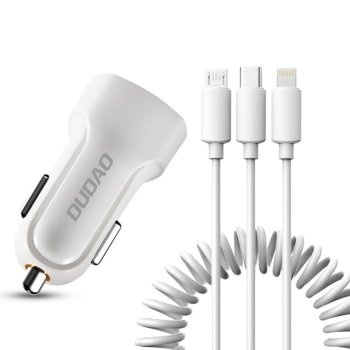 Dudao R7 Car Charger 2x USB 2.4A with 3-in-1 Cable, White