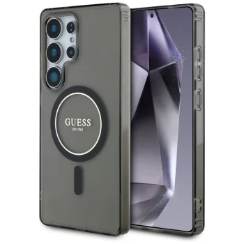 Guess Glitter Circle Classic Logo MagSafe dėklas Samsung Galaxy S25 Ultra, juodas