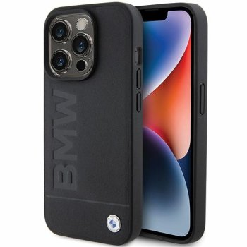 BMW iPhone 15 Pro Case Leather Hot Stamp, Black
