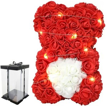 Rožių meškiukas su širdute ir LED apšvietimu, 23 cm, raudonas