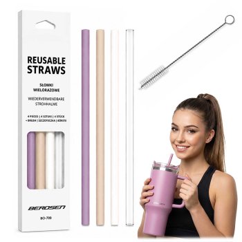 Berdsen Reusable Plastic Straws for Cup, Set of 4 + Brush