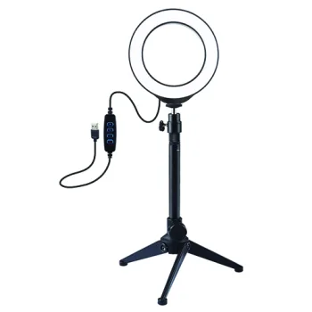 LED žiedinė lempa 12cm su staliniu trikoju iki 24.5cm, USB