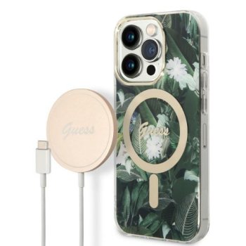 Guess Jungle MagSafe dėklas ir įkroviklis iPhone 14 Pro, žalias