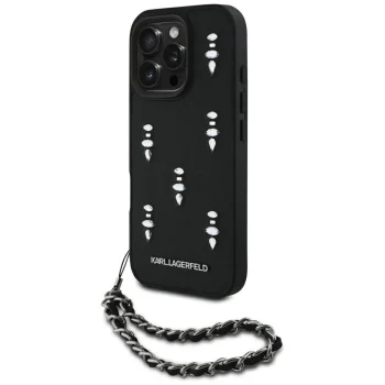 Karl Lagerfeld Saffiano Crystals w/Chain dėklas su grandinėle iPhone 16 Pro, juodas