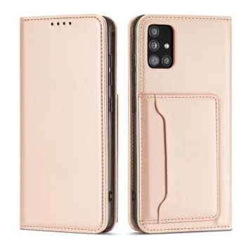 Atverčiamasis dėklas Samsung Galaxy A13 5G su kortelių skyriais ir stovu, rožinis