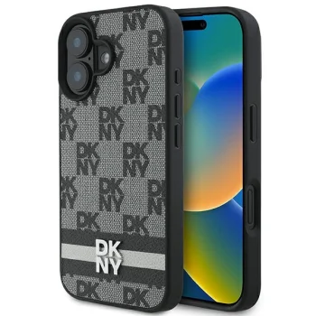DKNY dėklas, skirtas iPhone 16, Checkered Pattern & Printed Stripes, juodas