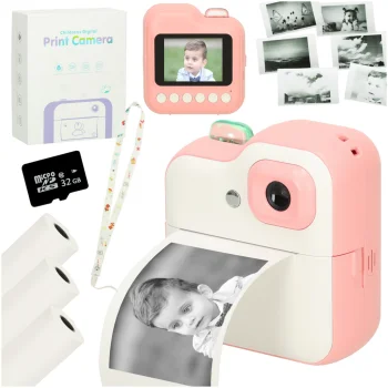 Rožinis vaikiškas momentinis fotoaparatas su terminiu spausdintuvu ir 32GB kortele