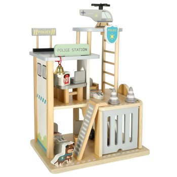 Police wooden station + police car, helicopter, and garage