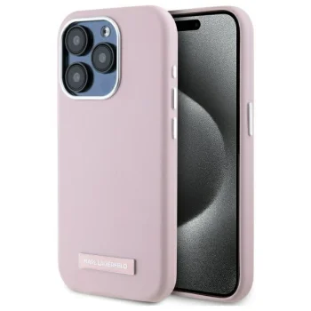 Karl Lagerfeld dėklas iPhone 15 Pro telefonui FW Metal Plate MagSafe, rožinis