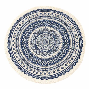 Round Boho Style Rug with Fringes 95cm, Navy Blue-Grey