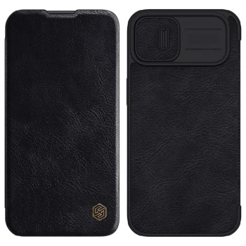 Atverčiamasis dėklas iPhone 14 Plus Nillkin Qin Leather Pro su kameros dangteliu, juodas