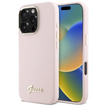Guess iPhone 16 Pro dėklas Silicone Script Metal Logo & Frame, rožinis