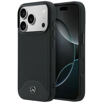 Mercedes Leather Wood Effect Curve MagSafe dėklas iPhone 17 Pro, juodas