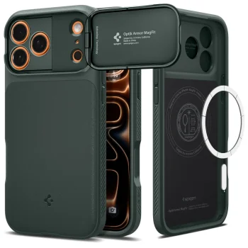 Spigen Optik Armor MagSafe dėklas iPhone 17 Pro, žalias