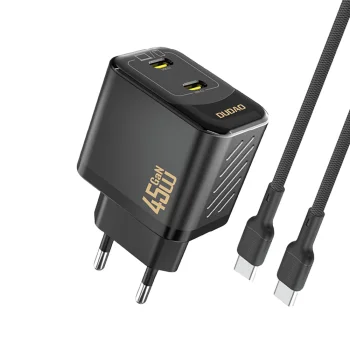 Dudao A28PCEU PD 45W GaN įkroviklis su 2x USB-C ir USB-C laidu, juodas