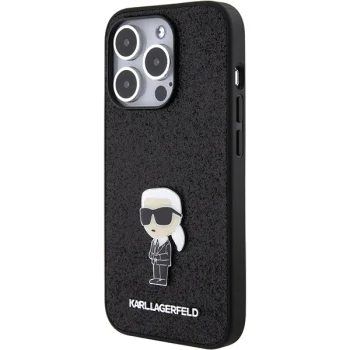 Karl Lagerfeld iPhone 15 Pro dėklas Glitter Ikonik Metal Logo, juodas