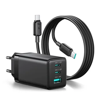Sieninis įkroviklis Joyroom JR-TG10 65W GaN, 2x USB-C, USB-A ir 1.2 m USB-C laidas, juodas