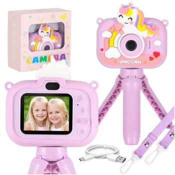 Vaikų skaitmeninis fotoaparatas su trikoju Vienaragis, 1080P, 8GB, alyvinis