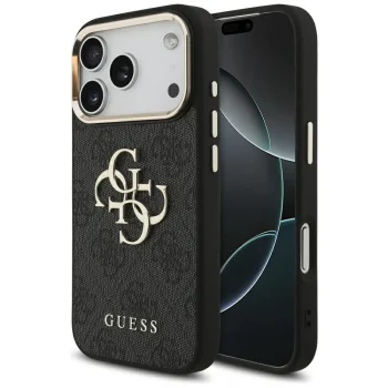 Guess 4G Big 4G Classic Logo dėklas, skirtas iPhone 17 Pro, juodas/auksinis