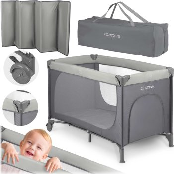 Ricokids RK-240 kelioninė lovelė su čiužiniu ir krepšiu, šviesiai pilka