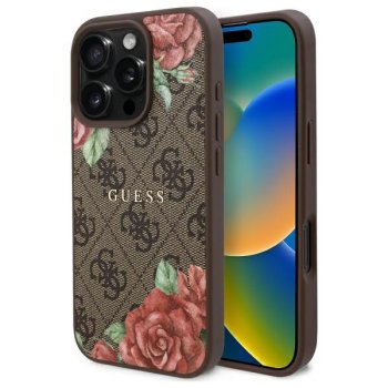 Guess 4G Flowers Print MagSafe dėklas, skirtas iPhone 16 Pro, rudas