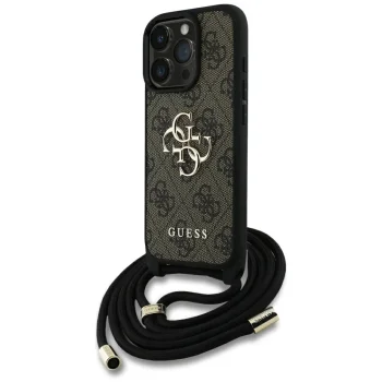 Guess 4G Big Logo Cord Strap Crossbody Case for iPhone 16 Pro, Brown