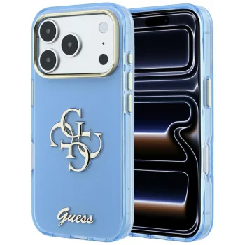 Guess IML 4G Script Metal dėklas telefonui iPhone 17 Pro / 18 Pro, šviesiai mėlynas