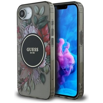 Guess IML Flowers MagSafe dėklas iPhone 16e telefonui – juodas