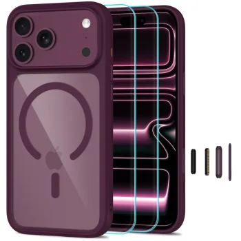 Tech-Protect MagOne CC MagSafe dėklas ir 2 apsauginiai stiklai iPhone 18 Pro / 17 Pro, Clear Burgundy
