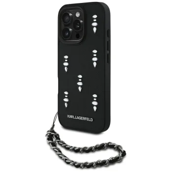 Karl Lagerfeld dėklas iPhone 16 Pro Max su grandinėle ir kristalais, juodas