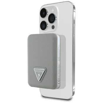 Guess Grained Triangle MagSafe išorinė baterija 5000mAh 15W, smėlio spalvos