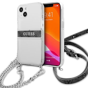 Skaidrus „Guess“ 4G Gray Strap Silver Chain dėklas „iPhone 13 mini“