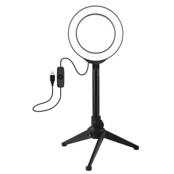 LED žiedinė lempa 12 cm su staliniu trikoju iki 21.8 cm, USB