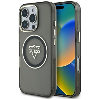 Guess dėklas iPhone 16 Pro Max telefonui IML Metal Mountain Logo MagSafe, juodas