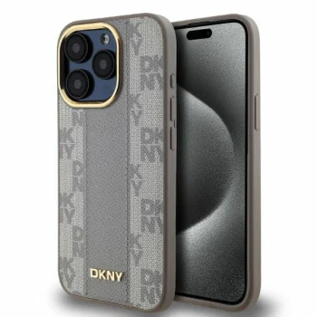 DKNY dėklas iPhone 15 Pro Max su MagSafe, Leather Checkered Mono Pattern, smėlio spalvos