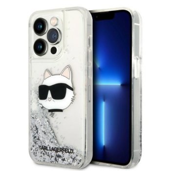 Karl Lagerfeld dėklas iPhone 14 Pro Max telefonui Liquid Glitter Choupette, sidabrinis