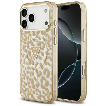 Guess IML Leopard Glitter Triangle Logo MagSafe dėklas iPhone 17 Pro / 18 Pro, rudas