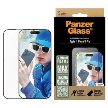PanzerGlass Ultra-Wide Fit apsauginis stiklas su aliuminio rėmeliu iPhone 16 Pro