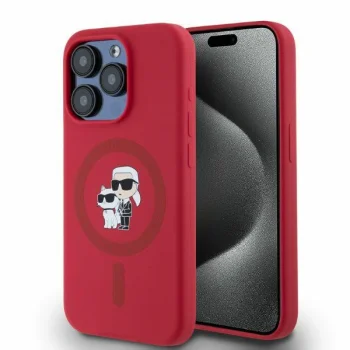 Karl Lagerfeld Silicone Karl&Choupette Heads Ring MagSafe Case for iPhone 15 Pro, Red