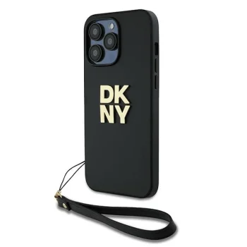 DKNY dėklas iPhone 14 Pro Max su riešo dirželiu, juodas