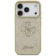 Guess Fixed Glitter Big 4G Metal Frame dėklas iPhone 17 Pro, auksinis