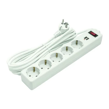 Ilgintuvas 5m, 5 lizdai, 2x USB, su jungikliu, baltas