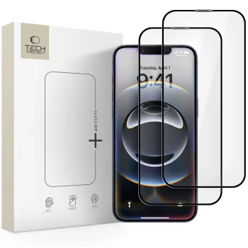 Apsauginis stiklas Tech-Protect Glass Fit+, iPhone 17e/16e/14/13 Pro/13, 2 vnt., juodas