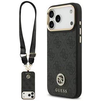 Guess 4G Strass Logo MagSafe dėklas su dirželiu iPhone 17 Pro Max, juodas
